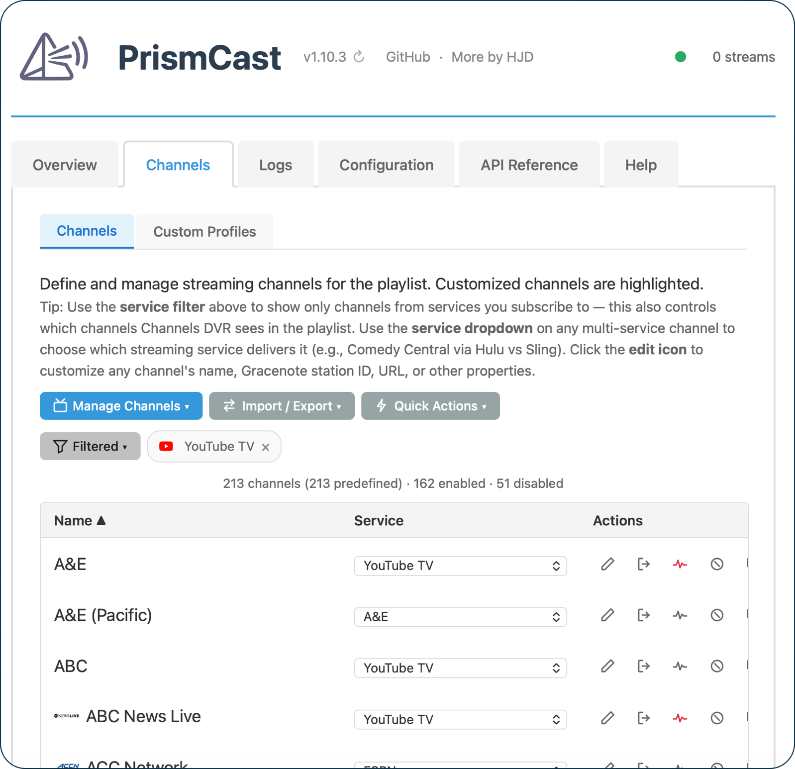 PrismCast web UI showing all of my channels.png PrismCast web UI showing all of my channels.