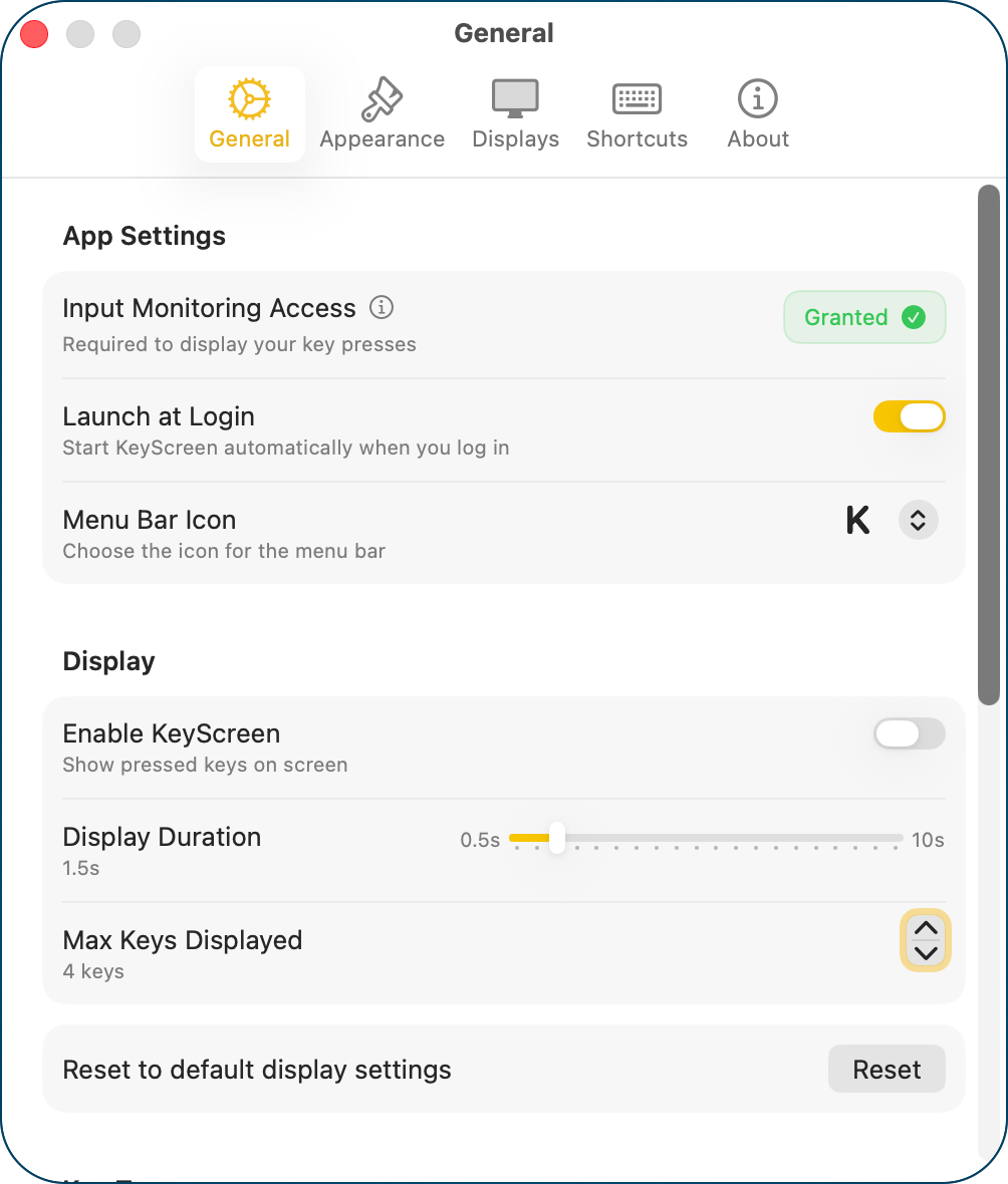 Settings General App and Display