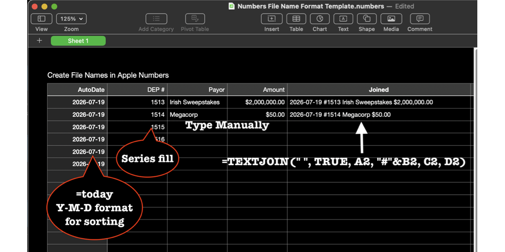 Annotated Numbers Sheet showing formulas and columns to be joined