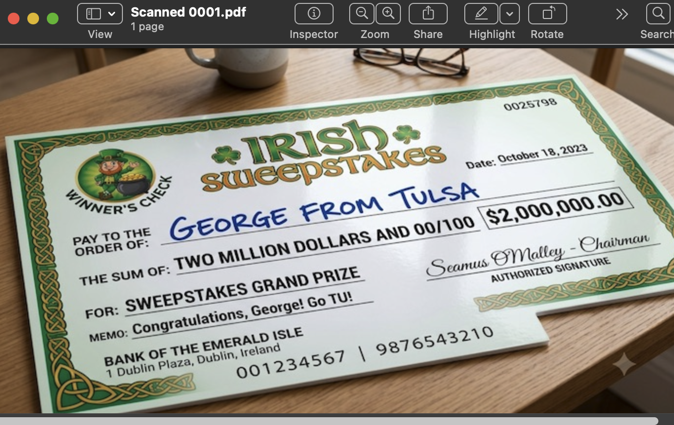03 Tiny Tip Check Scan Open in Preview.png Fake check saying Irish Sweepstakes worth 2million written to George from Tulsa
