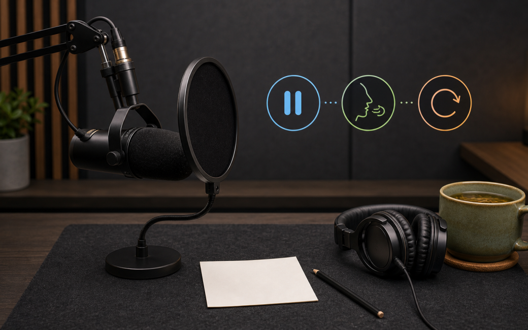 a boom mic arm coming from the left with a standing pop filter. on the desk is a piece of paper and pencil, a pair of headphones, and a cub of coffee. the walls have sound isolating materials. the scene is serene and uncluttered with a lamp and a plant