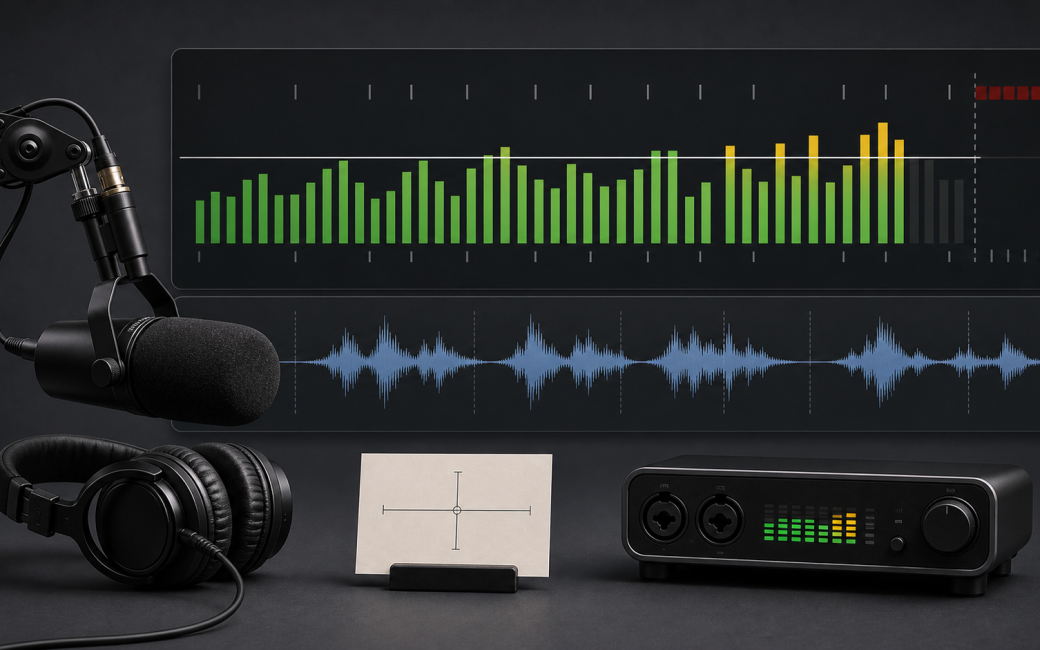 two audio waveforms with a mic and headphones and an audio interface