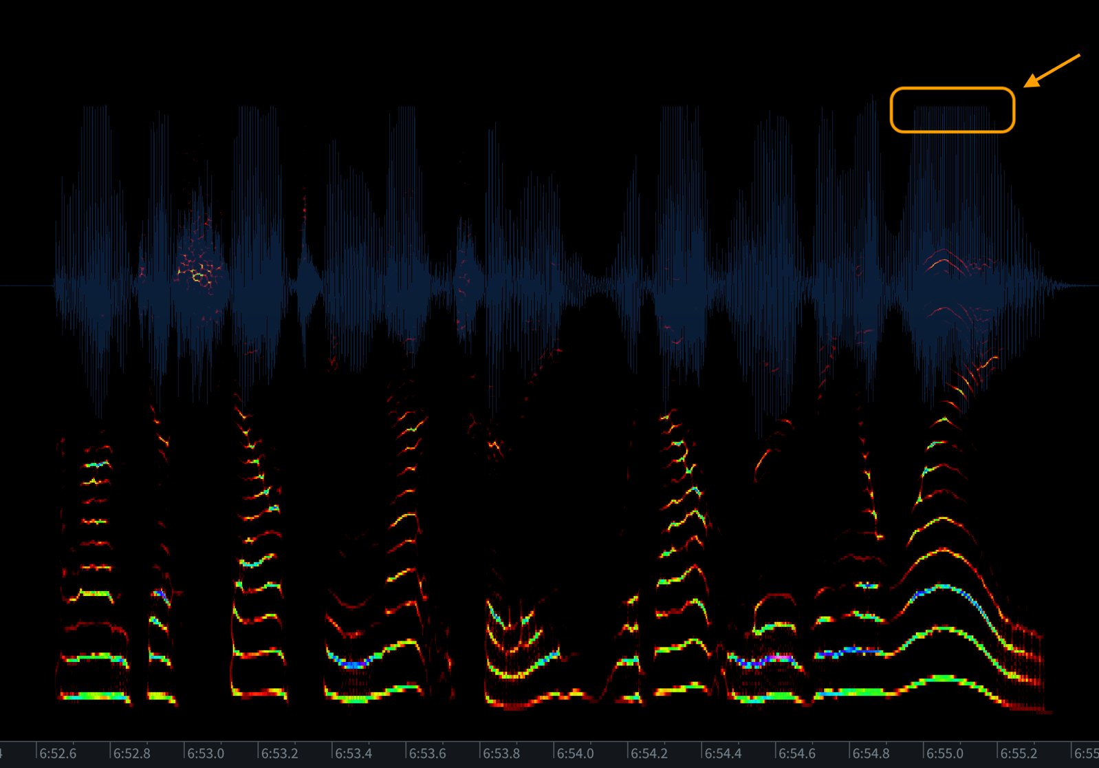 06-shout-too-hot-clipping-rx11-annotate.png iZotope RX11 screenshot of the Take B shout recorded with the gain too high, with clipped peaks highlighted