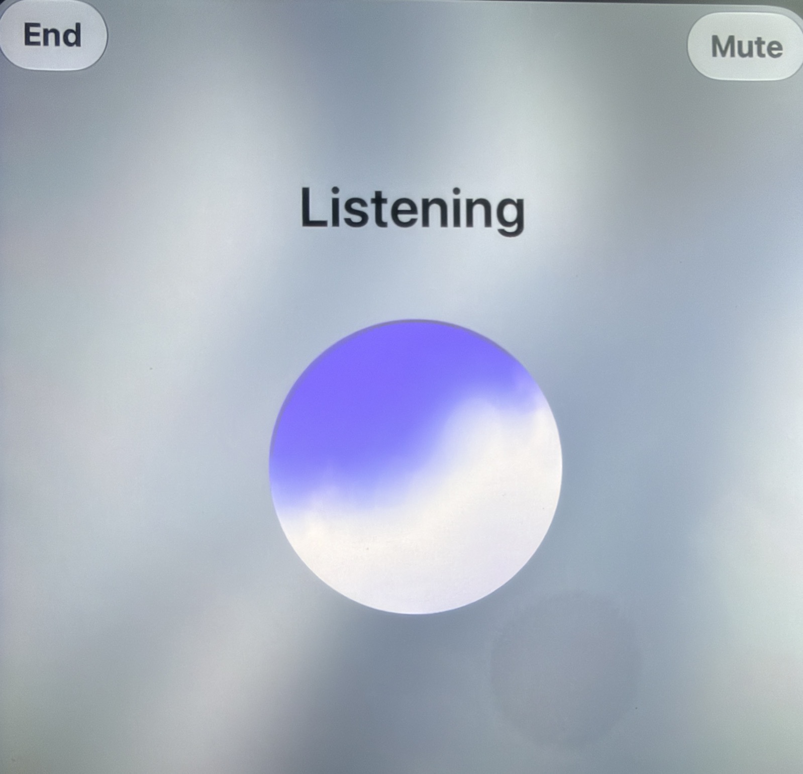 ChatGPTCarplay.JPG a purple and white glowing orb with the word Listening above it