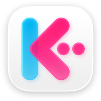 The app icon for KeepIt. It has a white field, with a large, bold capital letter K comprised of a medium blue upright and pinkish-red angle, as well as two trailing dots in the same red. It uses the Liquid Glass look.