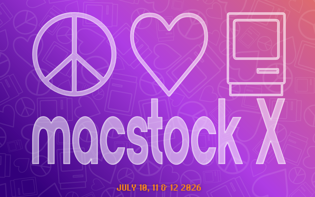 Macstock X Logo - a peace sign, a heart, and an OG Mac that says macstock x under it with the dates