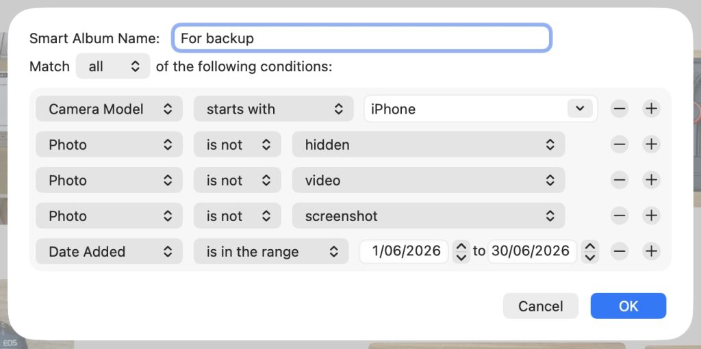 A screenshot showing the Apple Photos Smart Album criteria. These are described in the article text.
