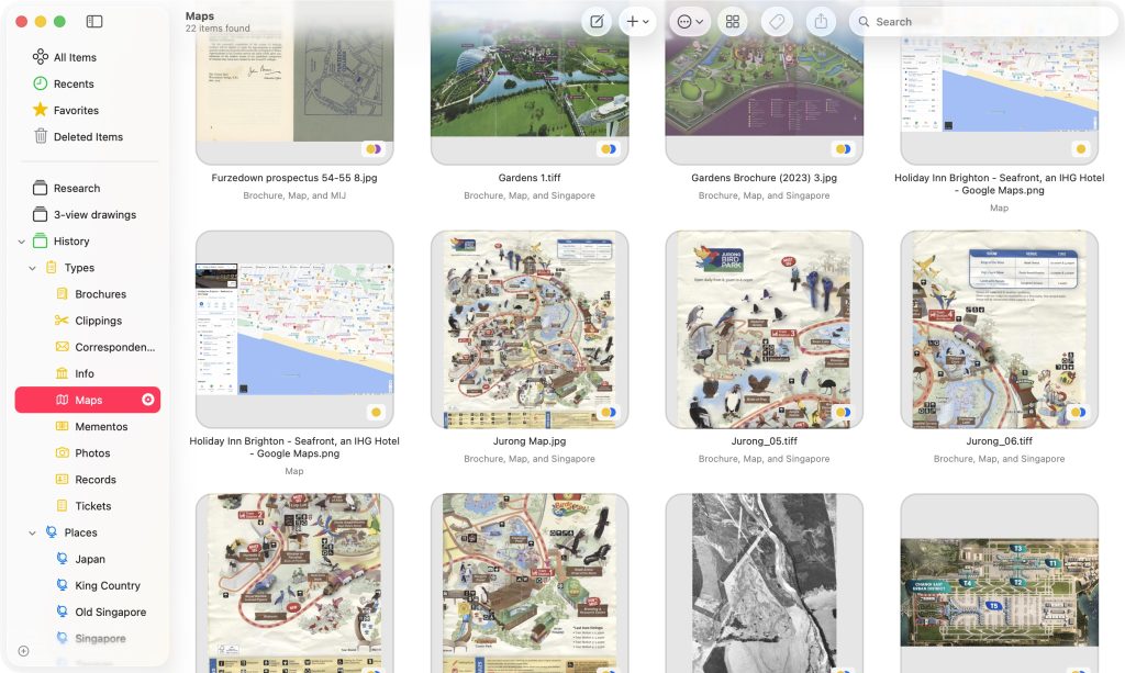 A screenshot of the Scrappy window. It shows a sidebar down the left with a hierarchy of lists, using multiple colours for the names. Most of the window is taken up with a scrolling grid of square thumbnails.The view shows scans of maps and some screenshots of maps.