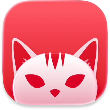 The Scrappy app icon. It has a rich, slightly pinkish-red field with a glassy shape of a cat's face taking up the lower two thirds. The cat's ears, eyes, and nose are visible, and it has three stripes on the top of its head and little tufts of fur inside its ears.