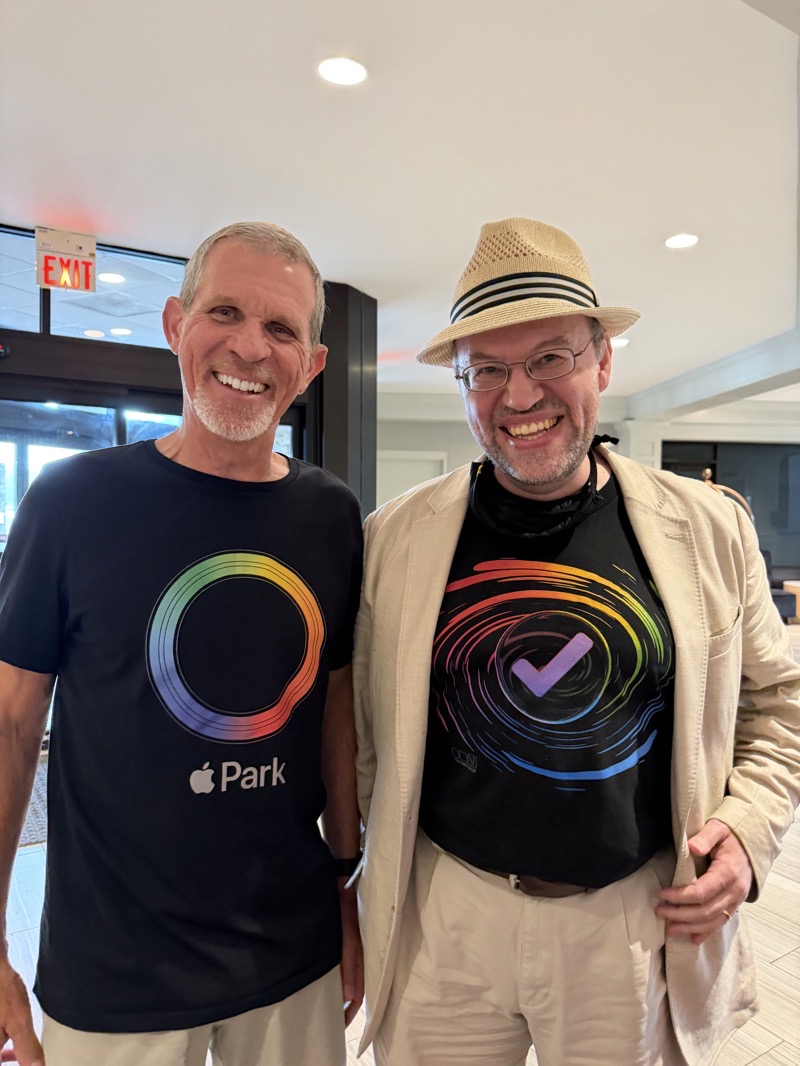 #title# Steve and Ken Case wearing rainbow Apple Park and Omni shirts.