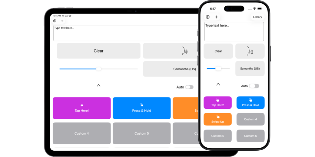 Talk for Me interface shown on iPad and iPhone