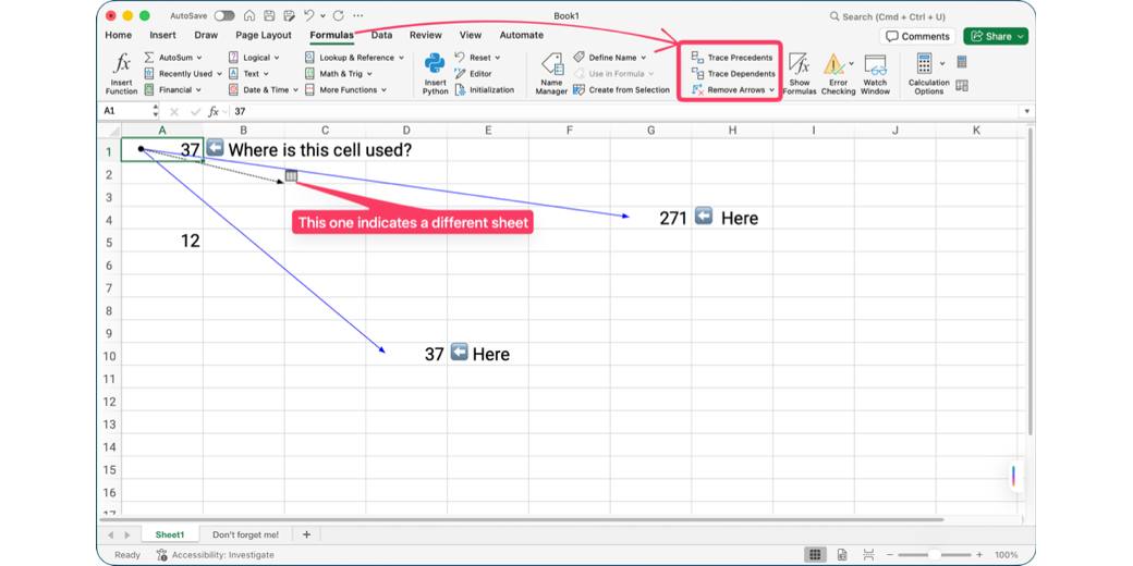 Excel spreadsheet: Trace dependents shows arrows to the cells even on different sheets