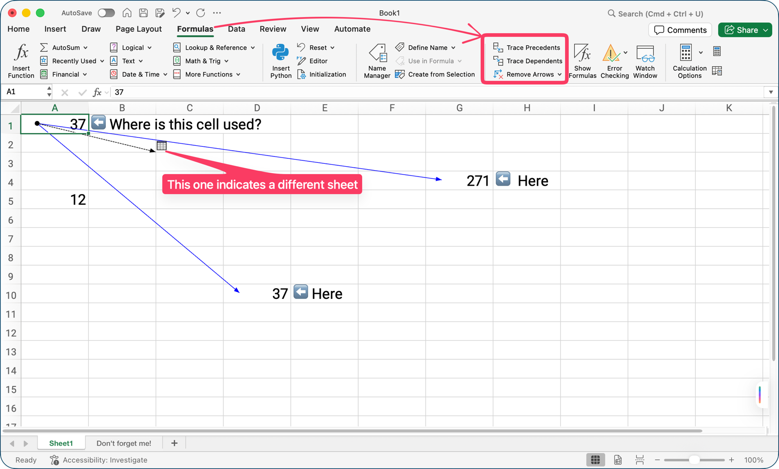 #title# Trace dependents shows arrows to the cells even on different sheets.