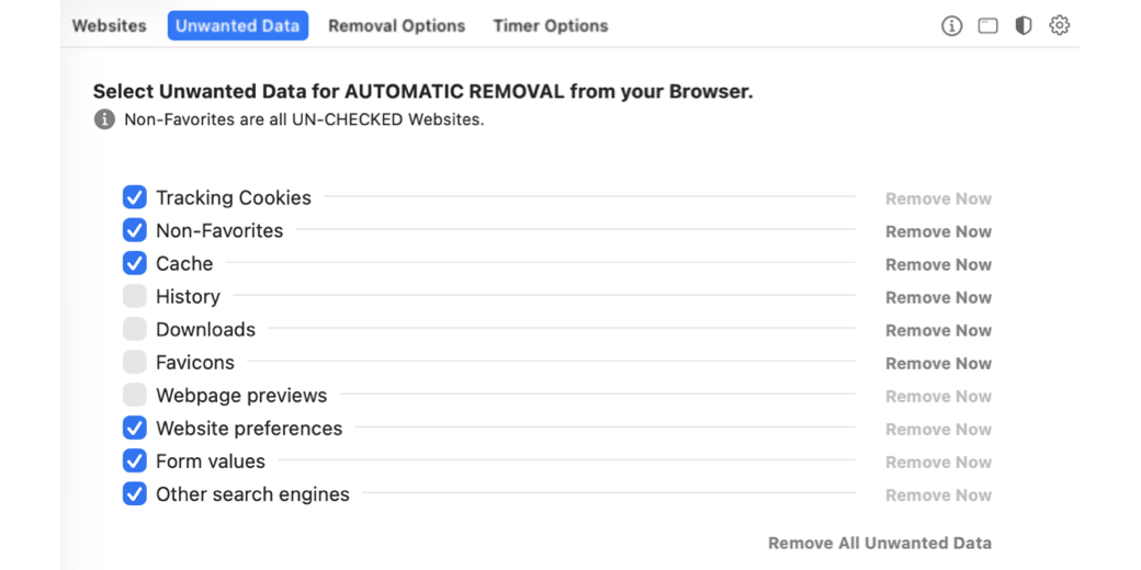 Websites Unwanted Data Removal Options Timer Options in Cookies app