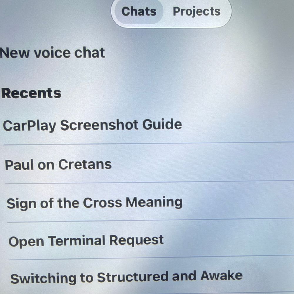 chathistory.jpg ChatGPT CarPlay screen showing new voice chat, recents and you can switch to projects