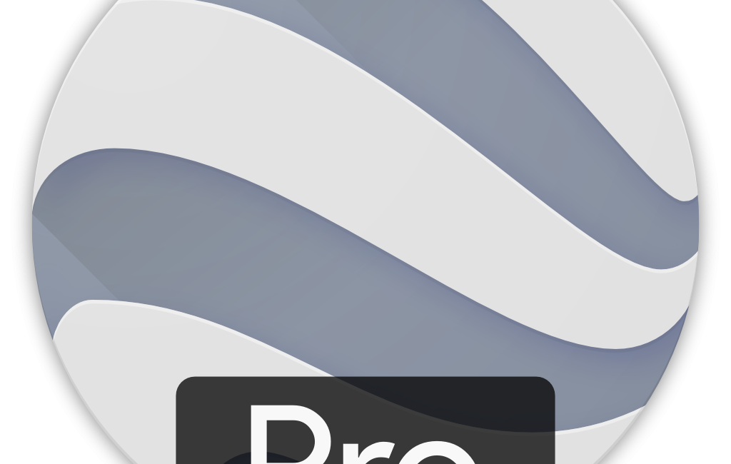 Google Earth Pro app icon. It is an orb shape with swirling stripes of pale and mid grey, with a "Pro" tag in white letters on a semi-transparent black 'tag' in front.