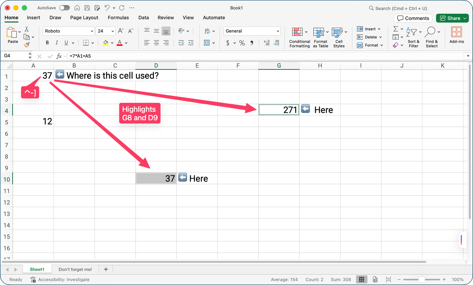 #title# Keystroke highlighting two dependent cells.
