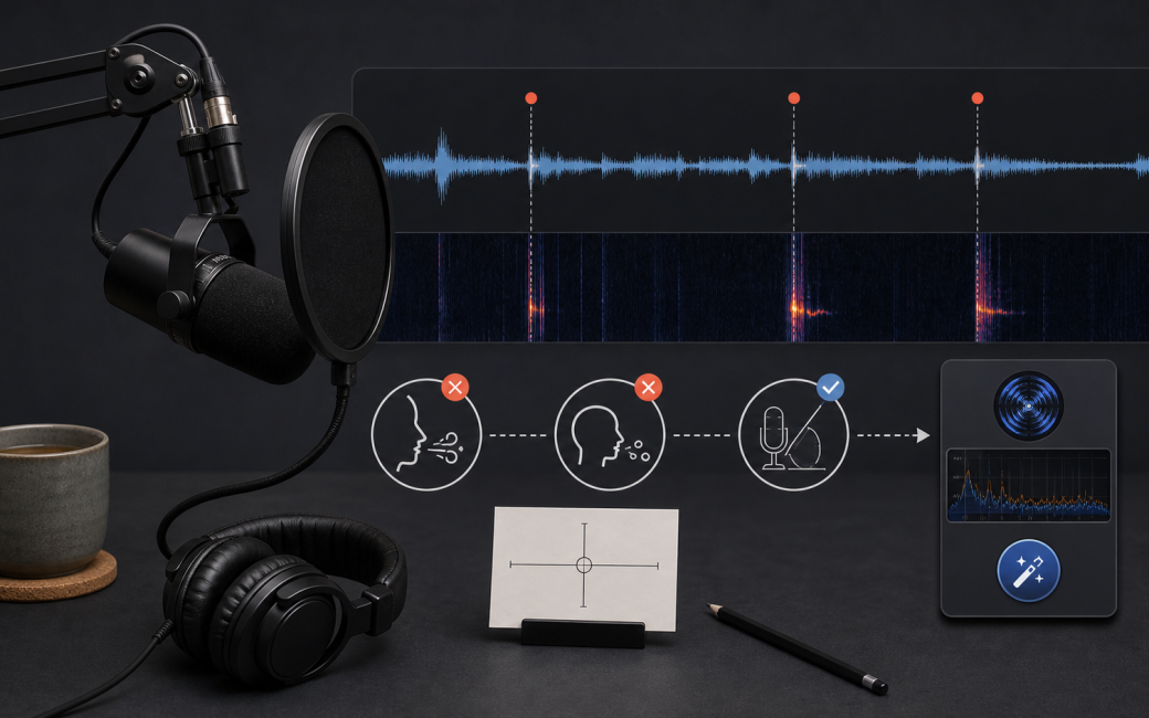 a mic on a boom arm with a plosive screen in front of it and headphones and coffee on the table. A spectogram of audio is visible with three iconds below denoting breaths, mouth noise and mic angle
