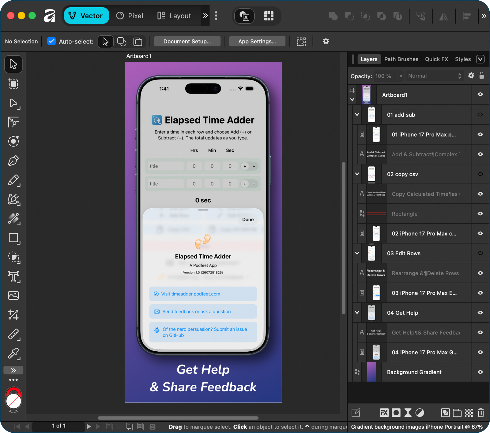 Affinity showing iphone screenshot with layered text and annotations.
