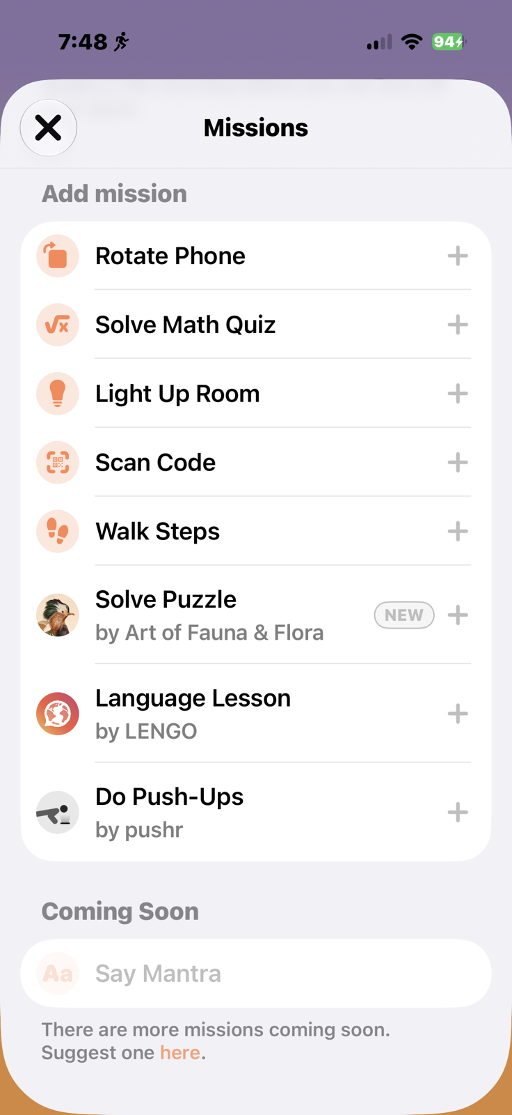 AwakeTests.PNG a serieds of Missions like rotate phone and solve math quiz