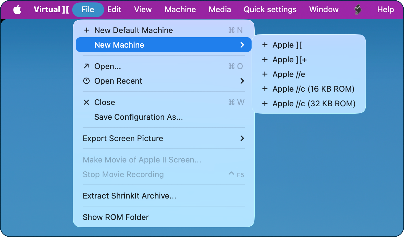 File menu showing new machine and the 5 virtual machine roms we downloaded.png File menu showing new machine and the 5 virtual machine roms we downloaded.
