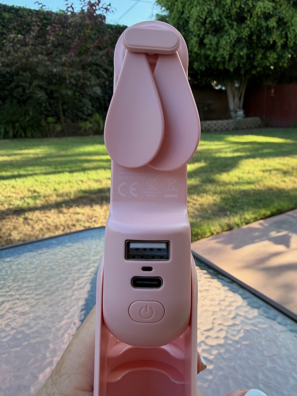 JisuLife personal turbo fan relaxed blades showing USB-A USB-C and power button.