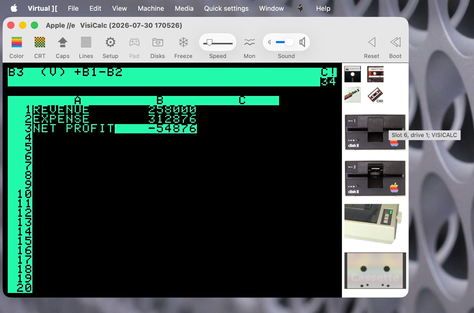 VisiCalc running in Virtual II.png VisiCalc running in Virtual II. my cursor is hovering of the floppy drive thumbnail and it says slot 6 drive 1 VISICALC