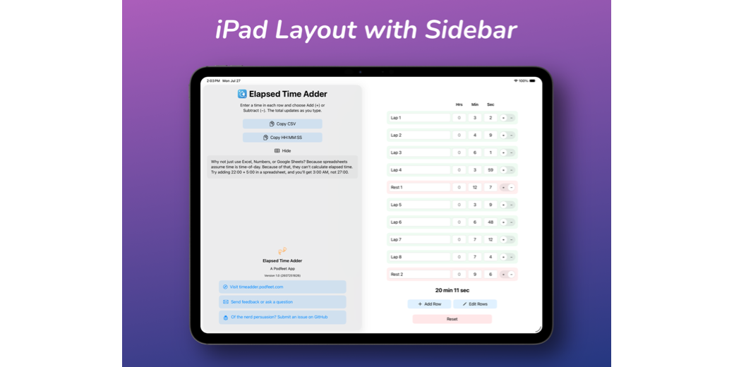iPad 13 showing 10 rows of times with calculated total in Elapsed Time Adder