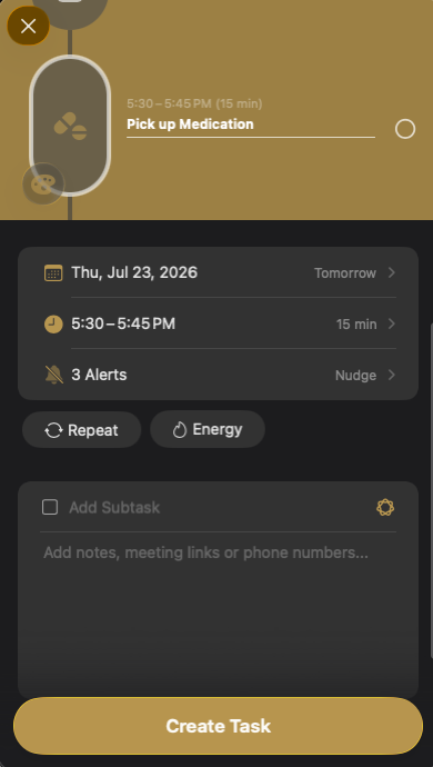 structureditem.png One item in Structured called pickup medication with 3 alerts and a due time