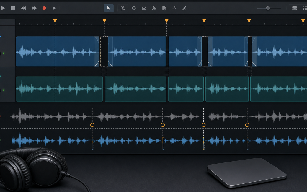 An audio editor showing multiple tracks with cuts and fades. A pair of headphones are on a table to the left and a dark grey trackpad on the right.