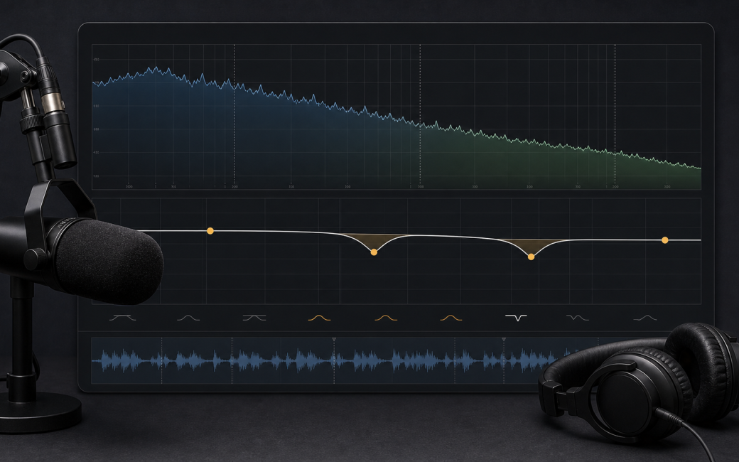 a microphone and headphones are on a black desk surface, and the background is an imitation wave form showing little notches at different frequencies simulating a high or low pass filter in EQ