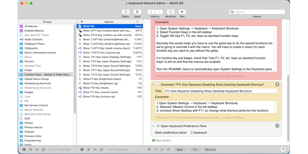 Keyboard Maestro showing All function key operations I redefined with the comments