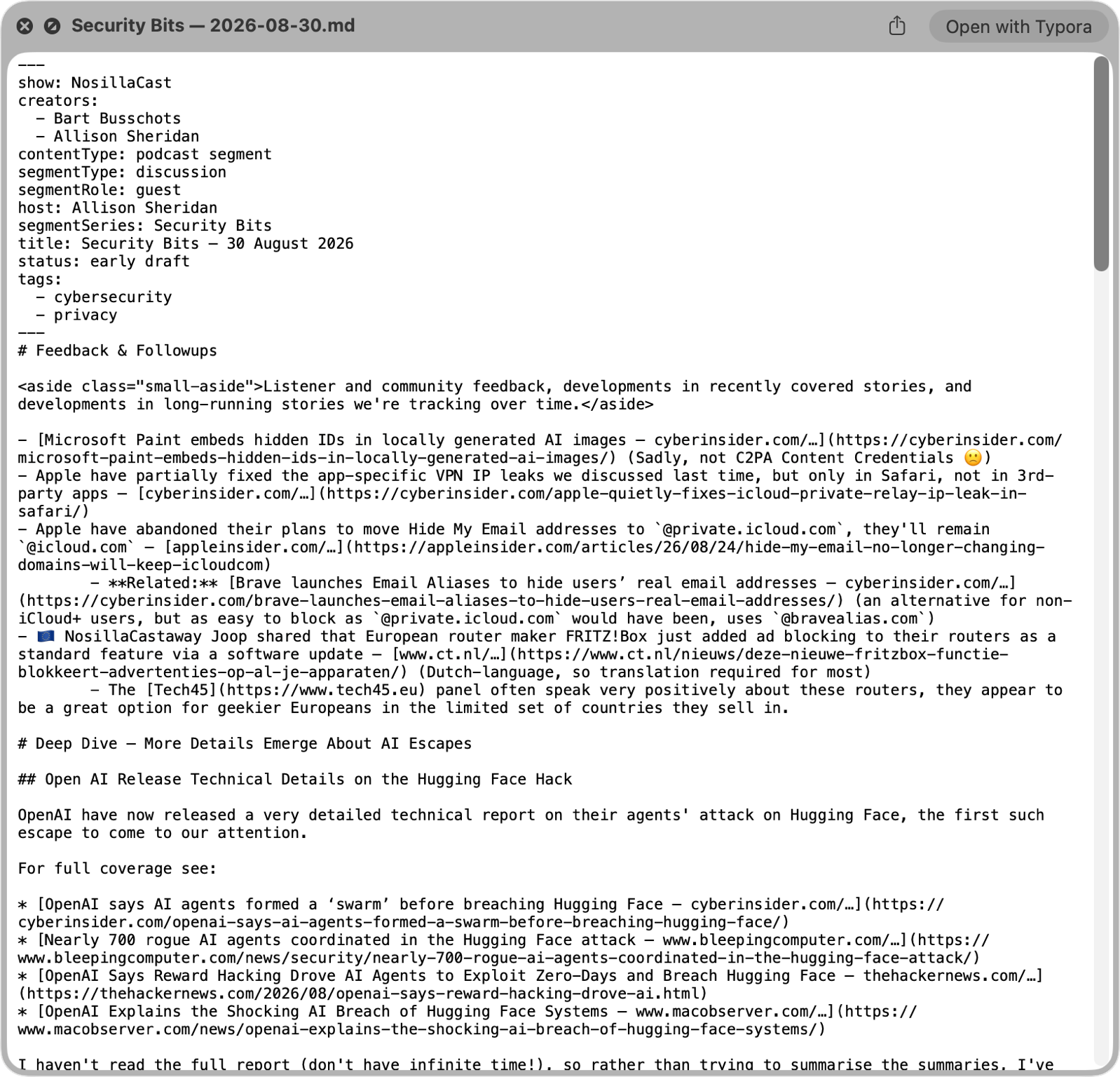 Security Bits Markdown example in Quick Look as plain text.