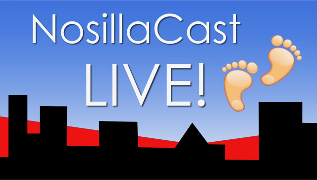 NosillaCast LIVE! logo with blue and red skyline behind silhouetted buildings.