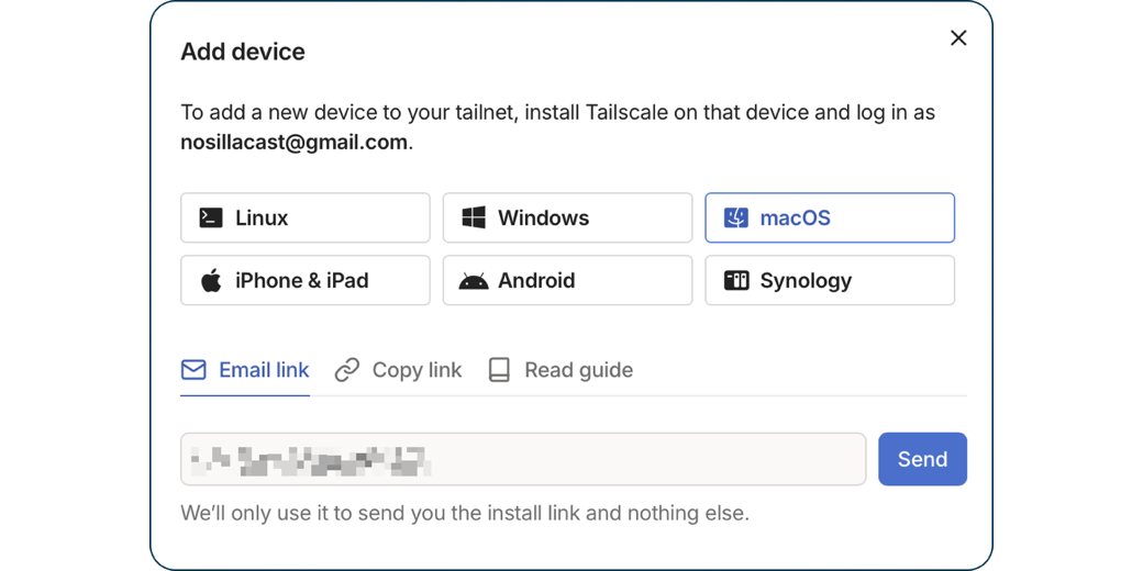 Add a device to your Tailnet with buttons for Linux Windows macOS iPhone iPad Android and Synology