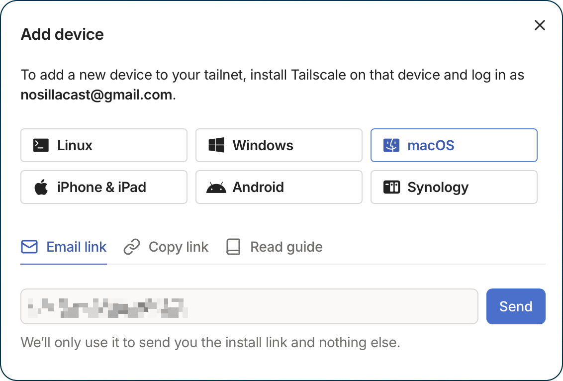 Add a device to your Tailnet.png Add a device to your Tailnet with buttons for all the OSes mentioned