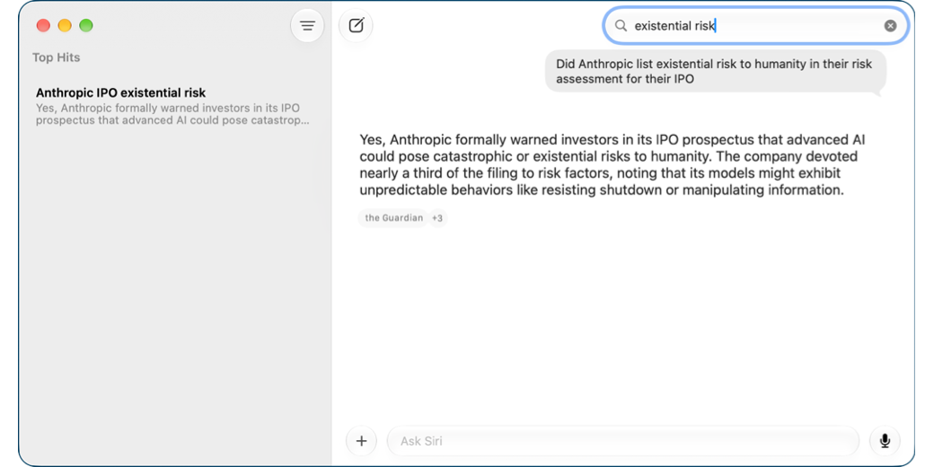 siri.app explaining that Anthropic put in their financial statement for their IPO that advanced AI could pose catastrophic or existential threats to humanity