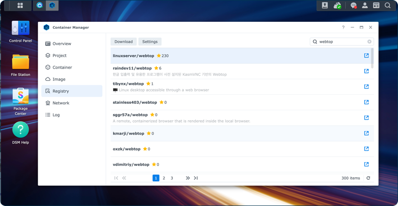 Container Manager in Synology DSM showing registry and linuxserver-webtop selected.png Container Manager in Synology DSM showing registry and linuxserver-webtop selected.