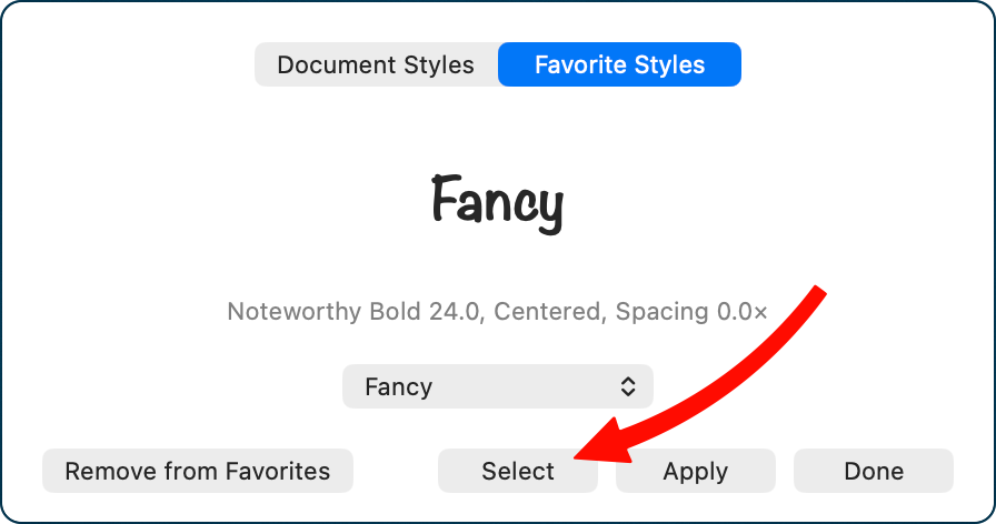 Favorite Styles with Fancy showing and arrow pointing to the Select button.png Favorite Styles with Fancy showing and arrow pointing to the Select button.