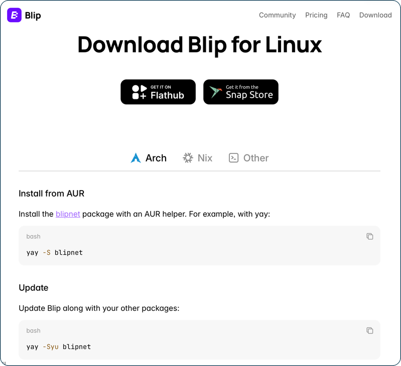 Install options for Blip on Linux.png Install options for Blip on Linux as I just described