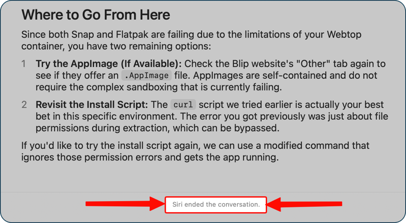 Siri ends the conversation.png screenshot showing a discussion in siri that says that Siri ended the conversation.