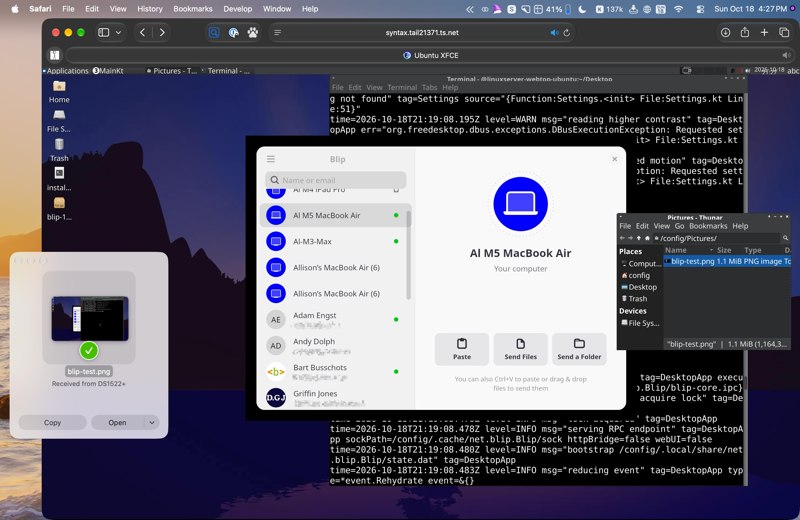 Success Blipped from Linux to macOS blurred.png Standard Blip window showing a sent file inside the browsr version of Linux with an overlay of the successfully accepted file on the Mac side