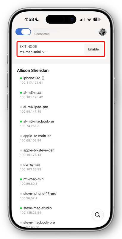 Tailscale on iOS showing exit node enable.png Tailscale on iOS showing exit node enable.