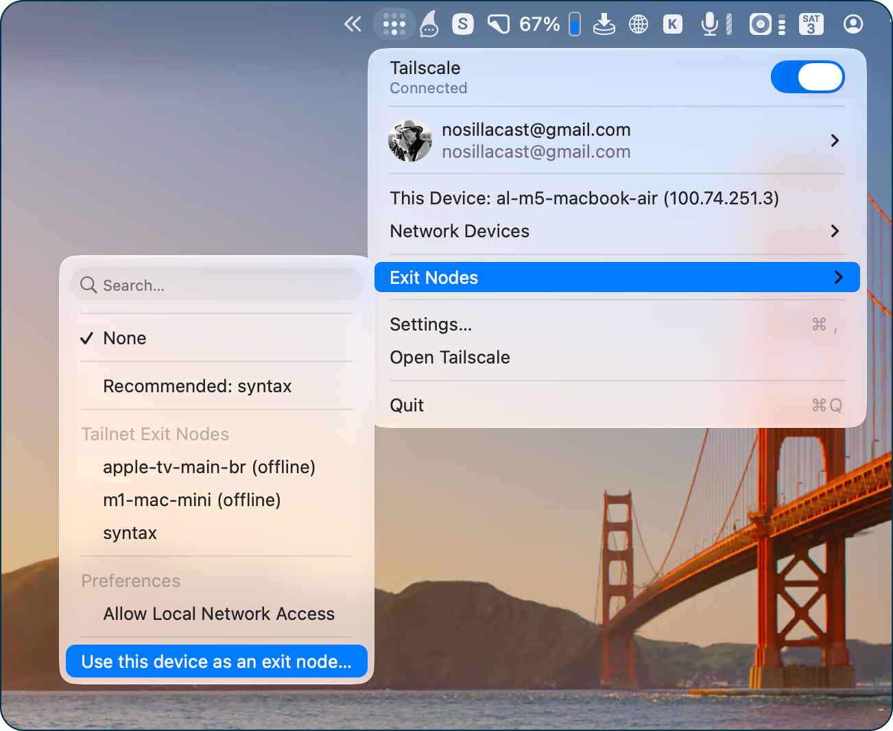 Use as Exit Node on a Mac.png Use as Exit Node chosen from the menu bar on a Mac.