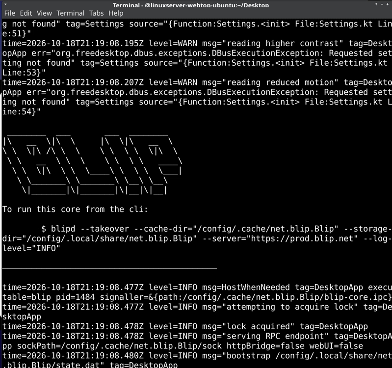 blip running in terminal.png Blip running in terminal. Lots of text but BLIP written in ASCII