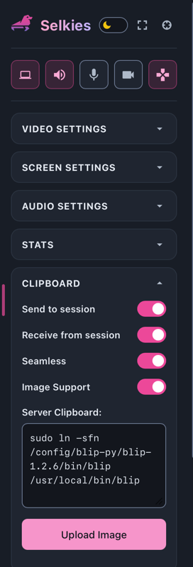 clipboard manager into Ubuntu with Selkies.png Clipboard manager into Ubuntu with Selkies. It's very tall iwth lots of sections and the Clipboard section is open showing a pasted command