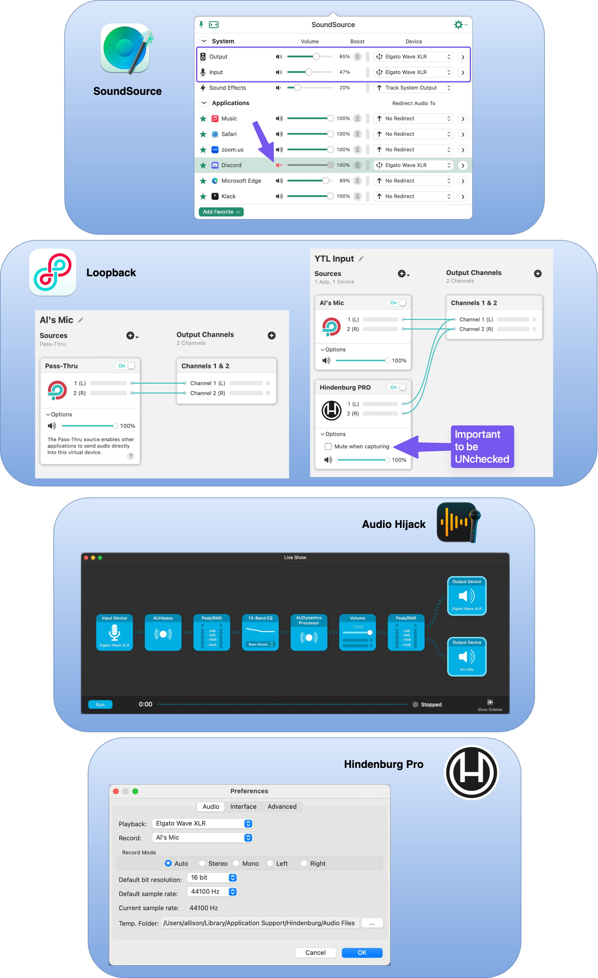 Soundsource, Loopback, Audio Hijack, Hindenburg Pro Settings