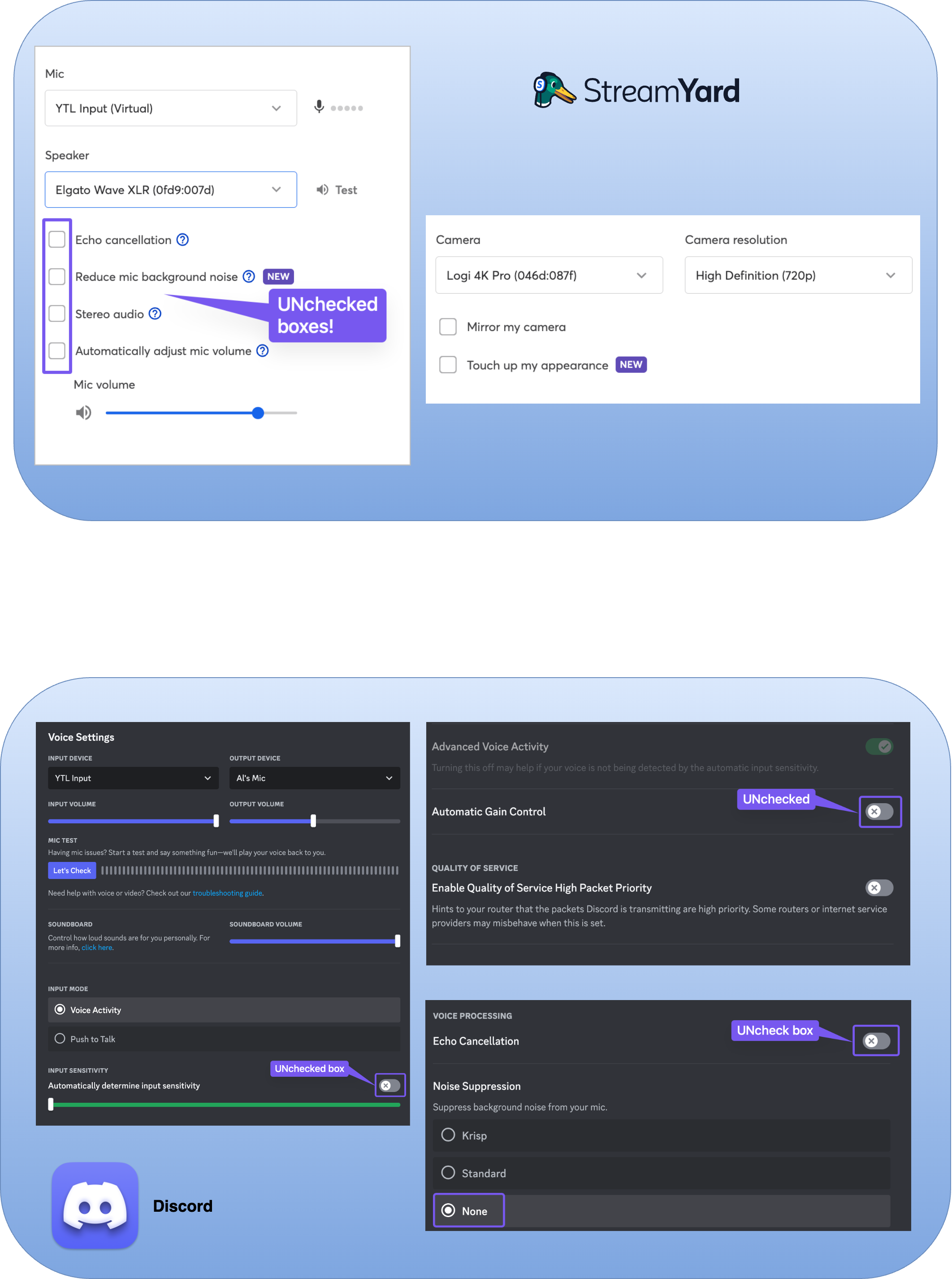 Settings for StreamYard and Discord highlighting important things to toggle off